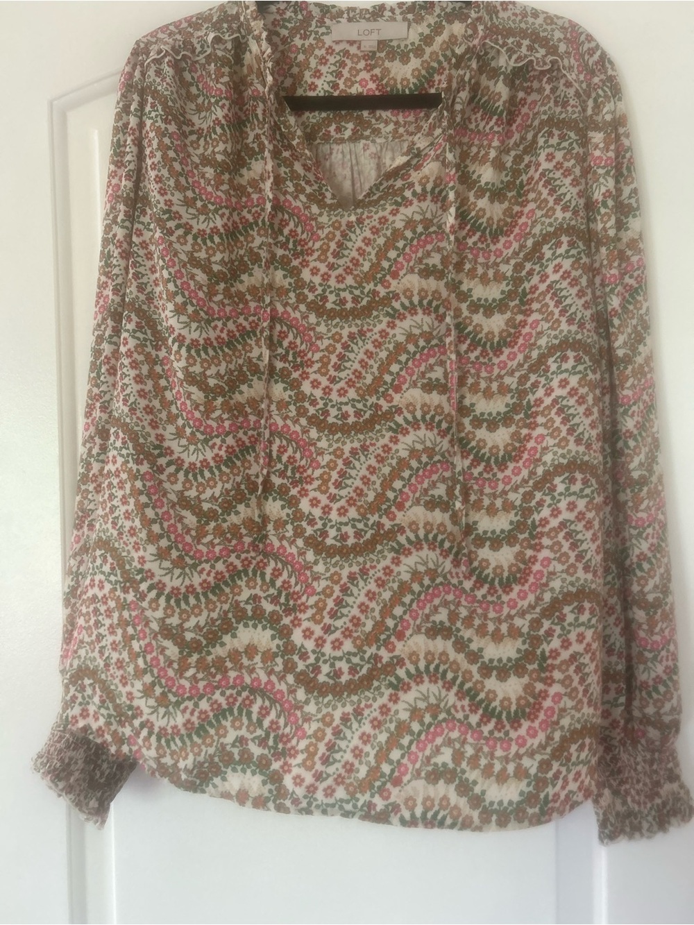 LOFT Floral Button-Front Blouse in Pink, Green & Cream